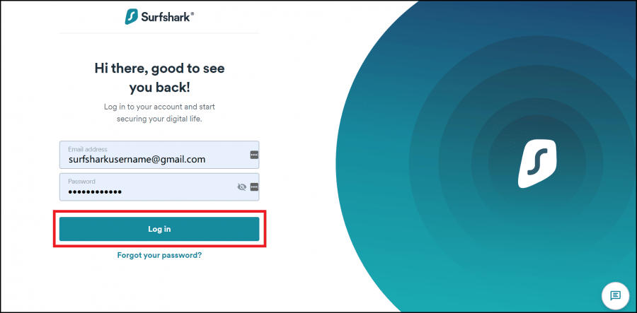 Surfshark VPN login screen